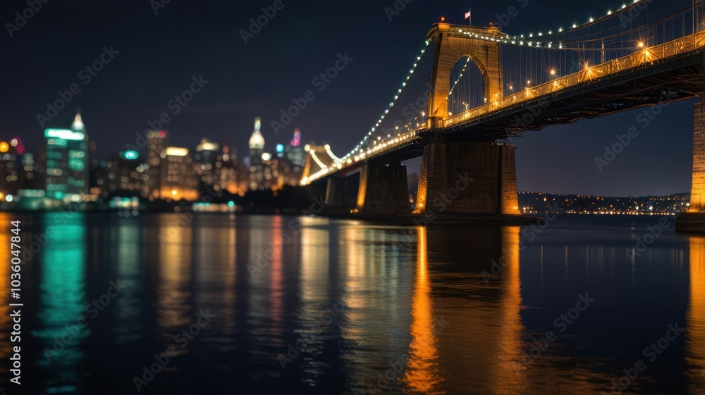 A blurred view of the illuminated Brooklyn Bridge over the East River with the Manhattan skyline in the background, reflecting in the water at night. A blurred view of the illuminated Brooklyn Bridge over the East River with the Manhattan skyline in the background, reflecting in the water at night.