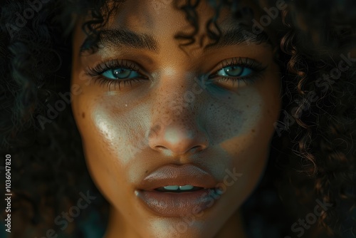 Close up portrait of beautiful African American woman with curly hair.