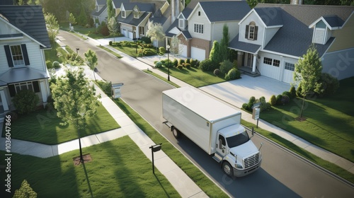 A delivery truck making a stop in a suburban neighborhood, residential setting with houses and green lawns, Realistic style photo