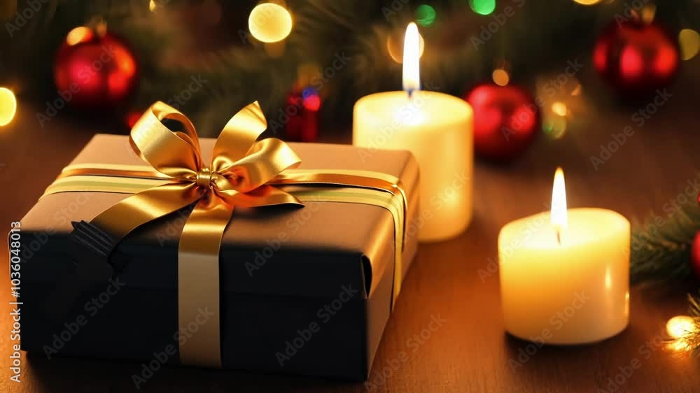 A cozy holiday scene with lit candles and a wrapped gift, symbolizing warmth, celebration, and the festive season. The warm light sets a peaceful holiday mood. A cozy holiday scene with lit candles and a wrapped gift, symbolizing warmth, celebration, and the festive season. The warm light sets a peaceful holiday mood.