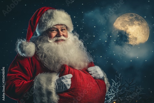 photo Santa Claus holding a gift sack, sleigh flying over a moonlit sky photo