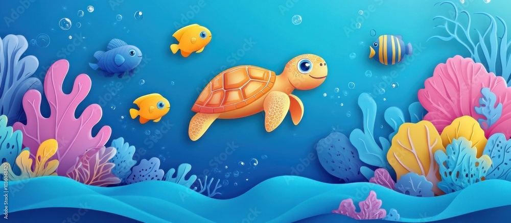 Obraz premium Cute cartoon sea turtle swimming in the ocean with colorful coral reefs and fish.