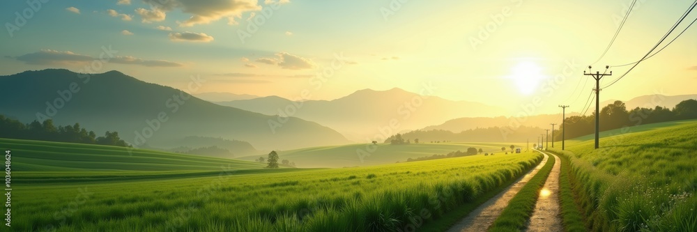 Obraz premium Serene landscape showcasing utility power lines against a backdrop of rolling hills and a rising sun, ideal for public utility or environmental themes.