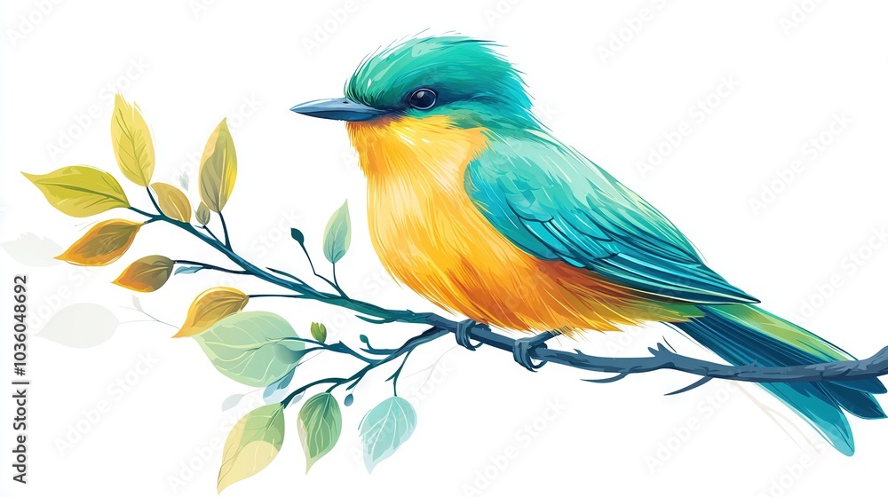 Fototapeta premium A vivid bird perched on a leafy branch, with shades of blue, yellow, and green behind it on a white canvas