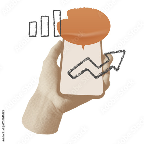 Business illustration with hand holding phone, and shape target of chalk ink texture. Speech bubble with empty space for text. Concept of marketing, success, idea.	