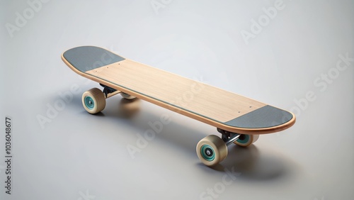 Black skateboard with gold trucks and blue wheels standing on a gray background photo