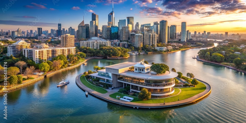 Fototapeta premium Aerial View of Modern Architecture and River at Sunset, Brisbane, Australia, cityscape, waterfront, skyline