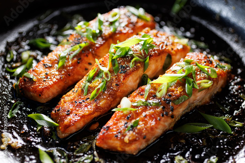 Teriyaki salmon filets sprinkled chopped scallion in a black baking dish, focus on the middle, close up view