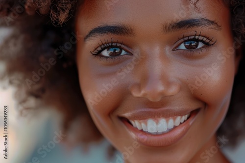 Close up portrait of smiling young modern black woman