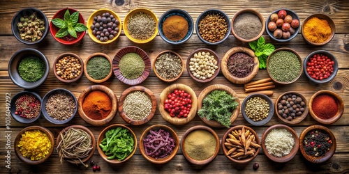 Aromatic Spice Collection in Wooden Bowls on Rustic Table, spices , herbs , food