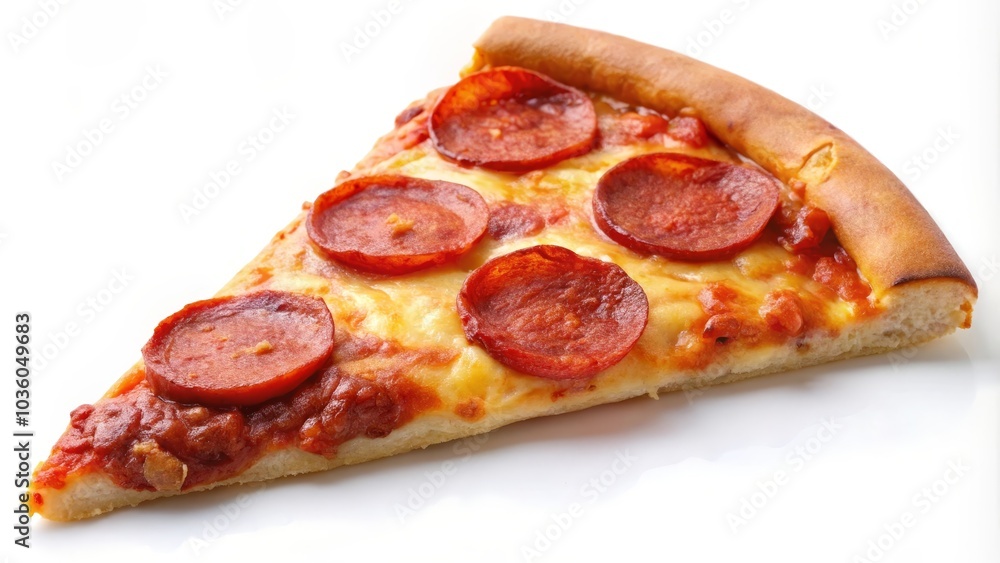 Delicious slice of pepperoni pizza isolated on white background Delicious slice of pepperoni pizza isolated on white background