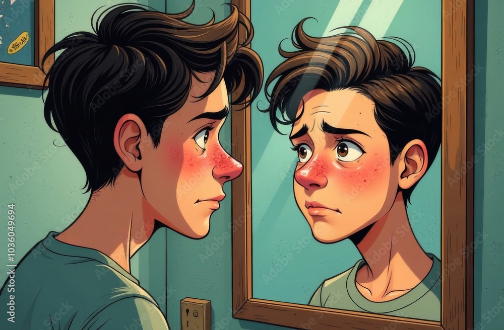 A teenager of 12-14 years old looks in the mirror at a face with pimples and acne, upset. Transitional age, teenage problems A teenager of 12-14 years old looks in the mirror at a face with pimples and acne, upset. Transitional age, teenage problems