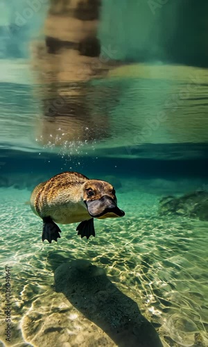 Discover the enchanting world underwater with this stunning image of a platypus gliding through serene waters showcasing its unique features and serene habitat