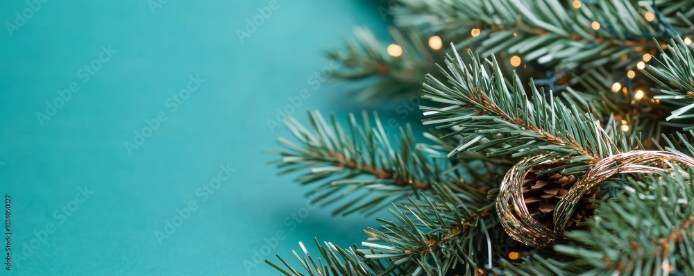 Close-up of metallic tinsel wrapped around pine branches, sparkling festive vibe Close-up of metallic tinsel wrapped around pine branches, sparkling festive vibe