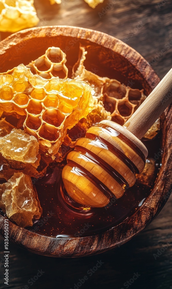 Honeycomb, honey, wooden bowl, dipper. Honeycomb, honey, wooden bowl, dipper.