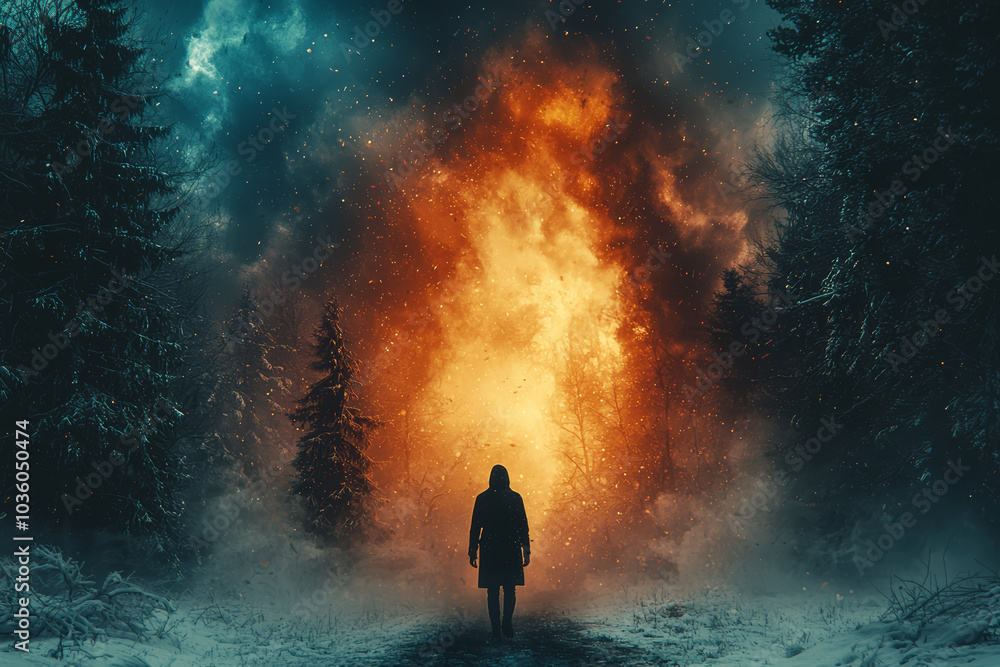 A person walking through a forest that suddenly changes into a desert, symbolizing a shift between two parallel worlds. Concept of transition. A person walking through a forest that suddenly changes into a desert, symbolizing a shift between two parallel worlds. Concept of transition.
