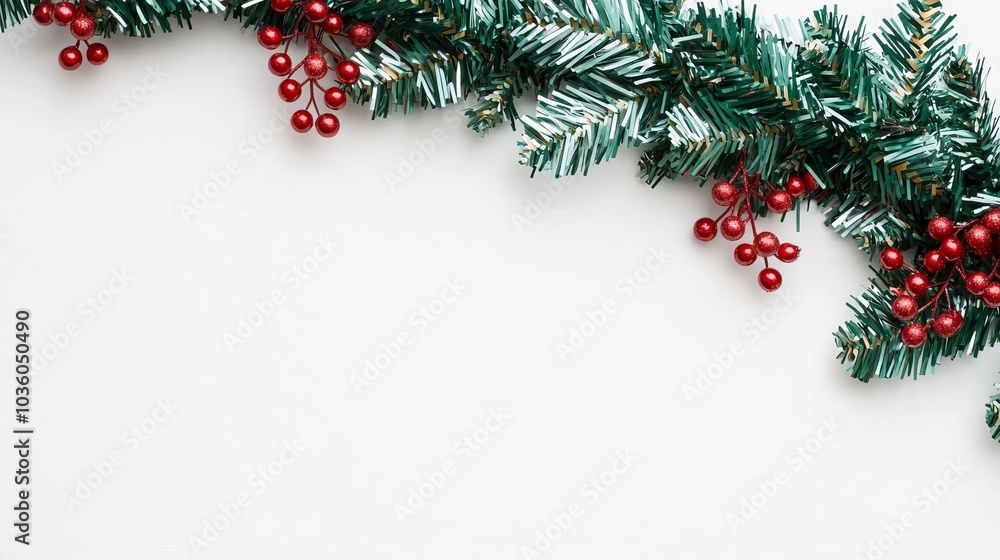 Garland of green tinsel with red berries, holiday decoration, classic Christmas charm Garland of green tinsel with red berries, holiday decoration, classic Christmas charm