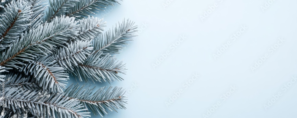 Frosted pine branches with silver tinsel, winter sparkle Frosted pine branches with silver tinsel, winter sparkle