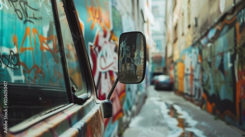 A delivery truck's rear view mirror in an urban alley, city setting with graffiti walls, Artistic style