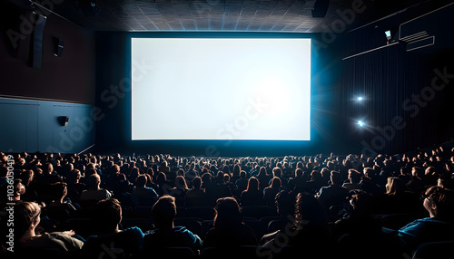 large audience watching movie mockup white screen in cinema
