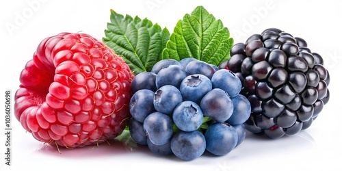 Wallpaper Mural Berry Trio with Green Leaf, Raspberry, Blueberry, Blackberry, Fresh Fruits, Isolated, Food Photography Torontodigital.ca
