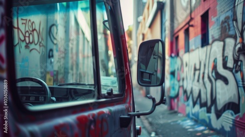 A delivery truck's rear view mirror in an urban alley, city setting with graffiti walls, Artistic style