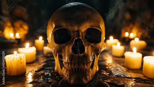 Skull surrounded by lit candles in a dark, eerie setting.