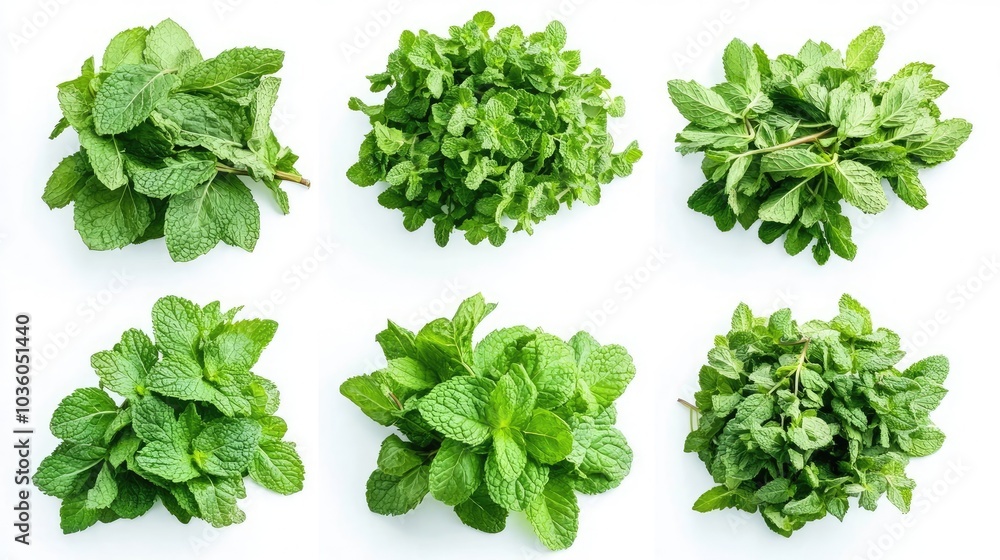 Vibrant Fresh Mint Leaves on a White Surface Generative AI Vibrant Fresh Mint Leaves on a White Surface Generative AI