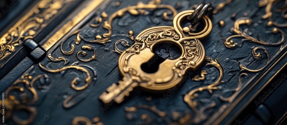 A golden key with an ornate design sits in the keyhole of an antique chest. A golden key with an ornate design sits in the keyhole of an antique chest.