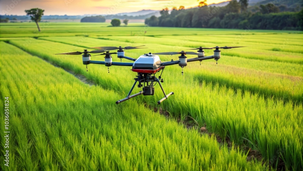 Agriculture drone flying and monitoring rice field for health and growth Agriculture drone flying and monitoring rice field for health and growth
