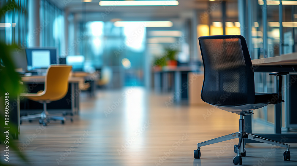 Modern office desk and ergonomic chairs in an open plan space Modern office desk and ergonomic chairs in an open plan space