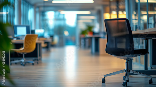 Modern office desk and ergonomic chairs in an open plan space