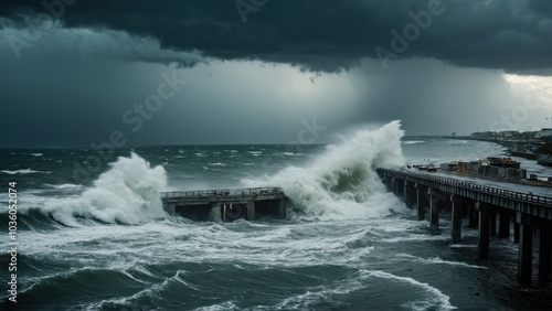 Massive waves crash against a coastal pier, threatening nearby buildings with destruction