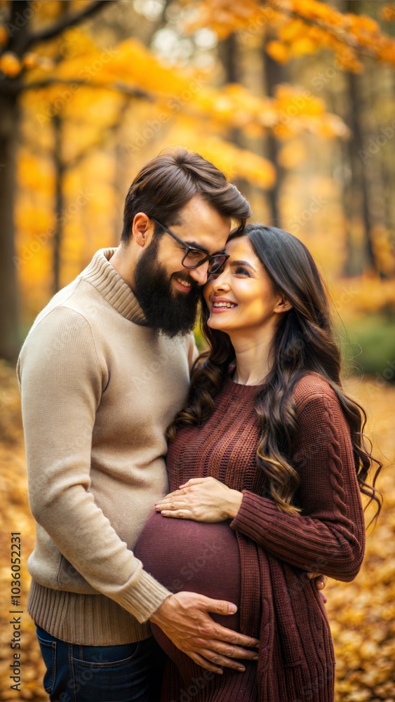 Expecting couple embracing and smiling in autumn forest, celebrating pregnancy and love Expecting couple embracing and smiling in autumn forest, celebrating pregnancy and love