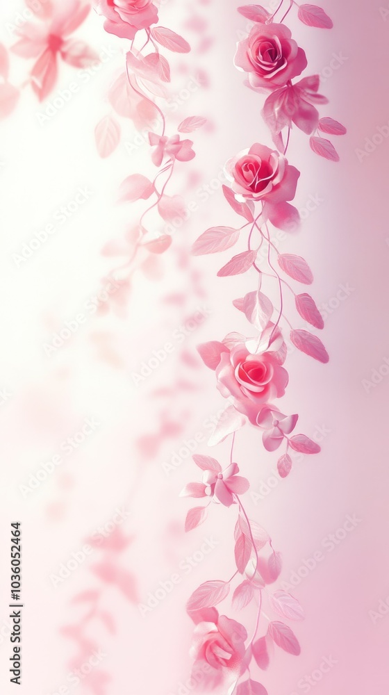 Fototapeta premium Delicate pink roses and leaves on soft gradient background, symbolizing girlhood design and elegance