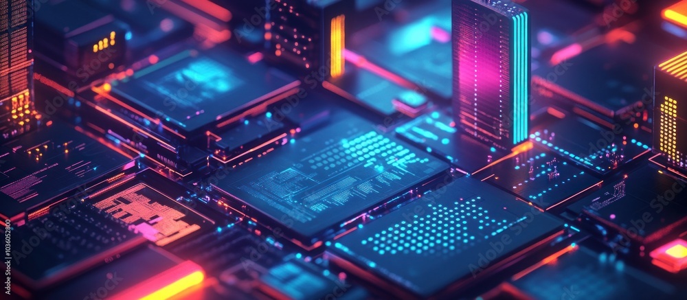 Abstract digital cityscape with glowing neon lights. Abstract digital cityscape with glowing neon lights.