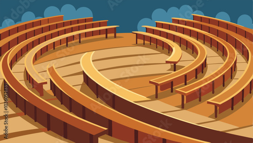 The curved seating area is made up of wooden benches providing ample space for large crowds.