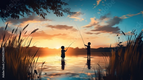 Silhouettes of two kids fishing at sunset by the lake.