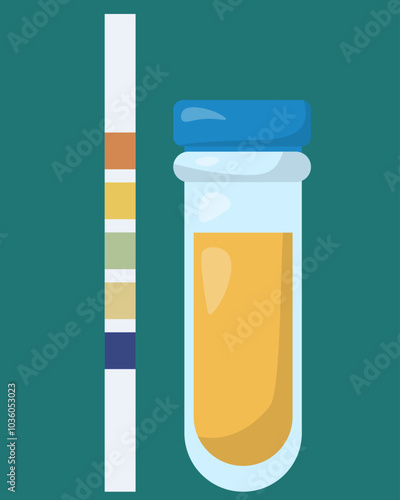 Acetone test, paper strip with colored squares for acetone level analysis and closed test tube with urine sample