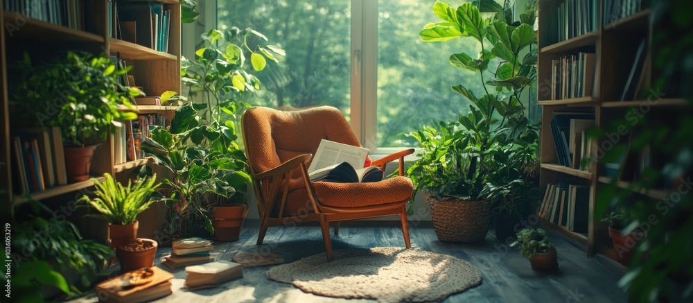 Fototapeta premium A cozy reading nook with an armchair, bookshelves full of books, and a large window with natural light streaming in.