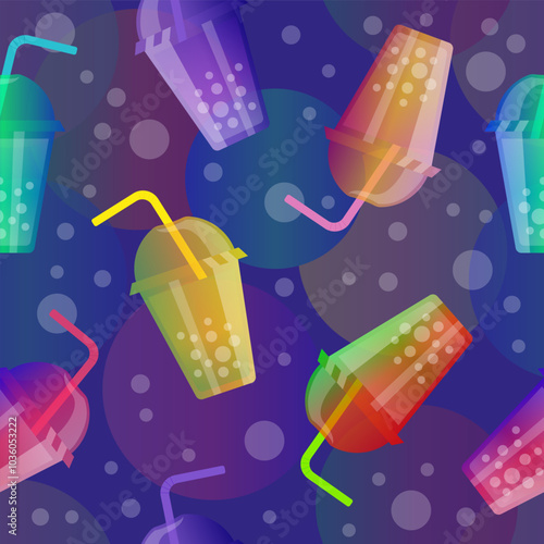 Tasty smoothie cup flat cartoon seamless pattern on bright background. Vector illustration. Sweet sticker for street food, confectionery, bar, restaurants, snacks.