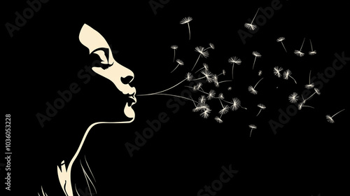 A silhouette of a person blowing dandelion seeds into the air, with the seeds floating away.