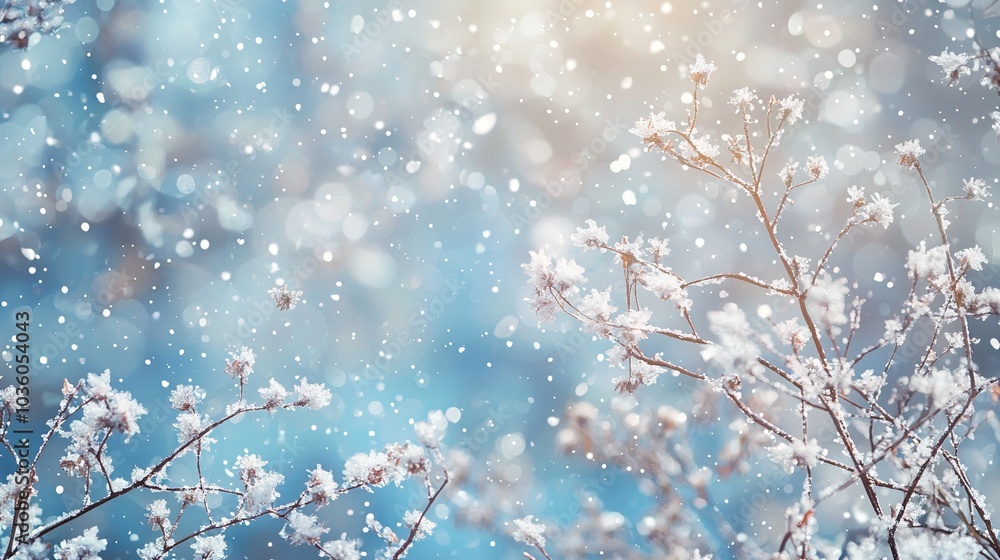 A close-up of a tree branch adorned with snowflakes against a blue sky A close-up of a tree branch adorned with snowflakes against a blue sky