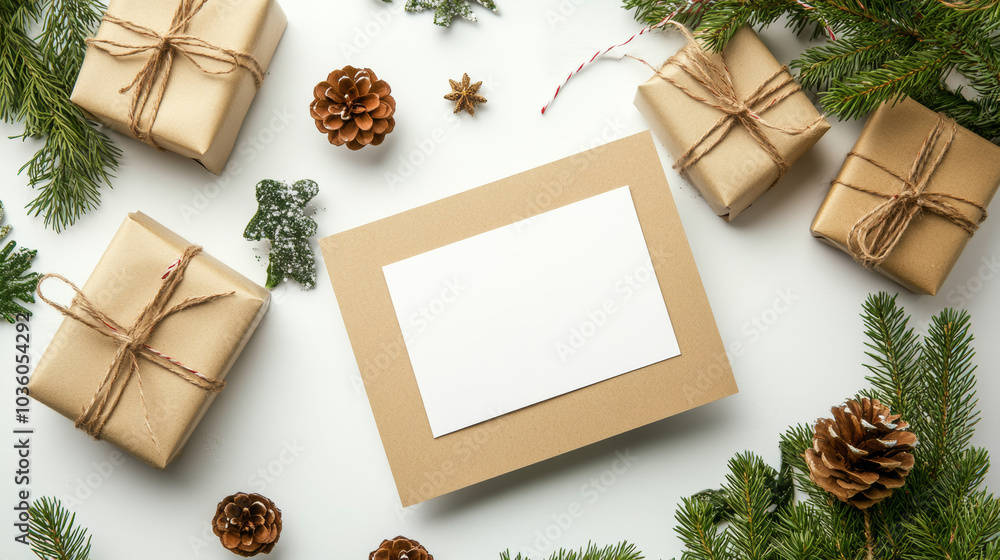 A blank card on a Christmas table setting. It's perfect for invitations, menus, or greeting cards. The card is on a white background and has space for your message. A blank card on a Christmas table setting. It's perfect for invitations, menus, or greeting cards. The card is on a white background and has space for your message.