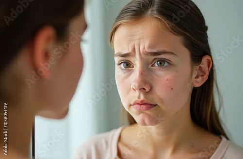 A teenager of 12-14 years old looks in the mirror at a face with pimples and acne, upset. Transitional age, teenage problems