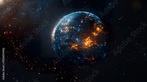 A glowing, futuristic planet in space with glowing lights and a bright star in the background.