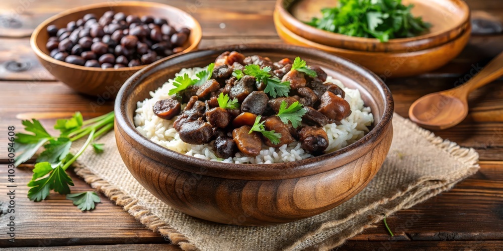 Close Up of A Wooden Bowl Filled With Rice and Stewed Mushrooms, Wooden Background, Parsley Garnish, rustic, food photography, mushroom stew , rice dish Close Up of A Wooden Bowl Filled With Rice and Stewed Mushrooms, Wooden Background, Parsley Garnish, rustic, food photography, mushroom stew , rice dish