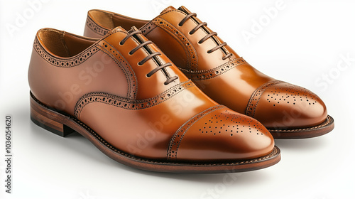 Classic brown leather Oxford shoes with brogue detailing on white background