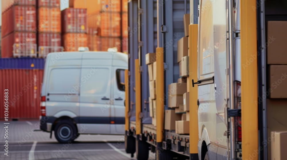 Naklejka premium A delivery van loading parcels outside a distribution center, logistics setting with shipping containers, Natural style