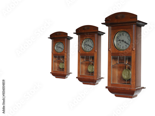 Antique three brown wooden and gold wall clocks on white background,object background, technology, decor, ancient, old, fashion, copy space